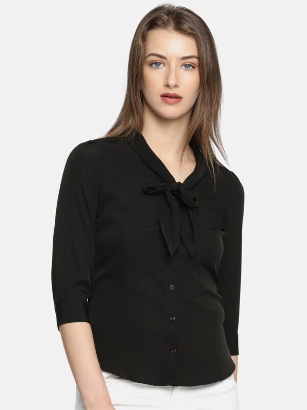 Wills Lifestyle Women Black Solid Shirt Style Top