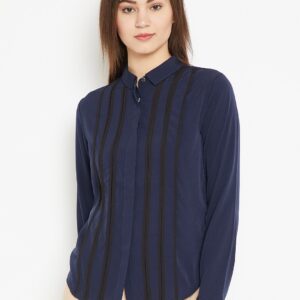 Wills Lifestyle Women Navy Blue Regular Fit Striped Casual Shirt