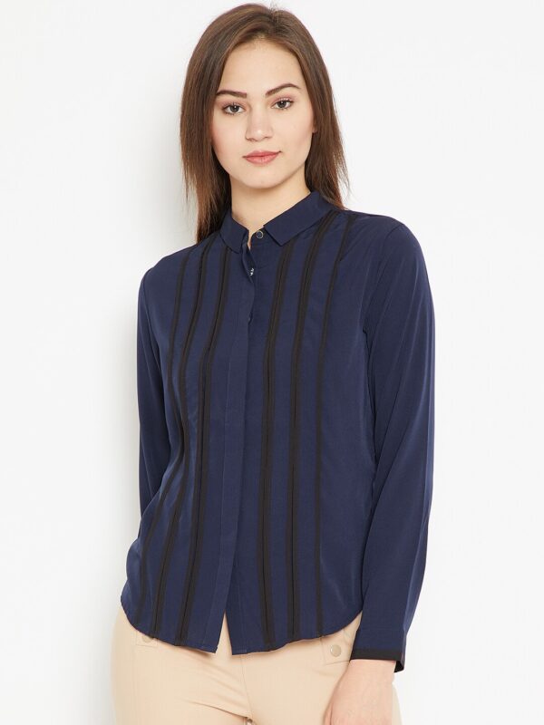 Wills Lifestyle Women Navy Blue Regular Fit Striped Casual Shirt