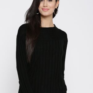 Wills Lifestyle Women Black Self-Striped Pullover