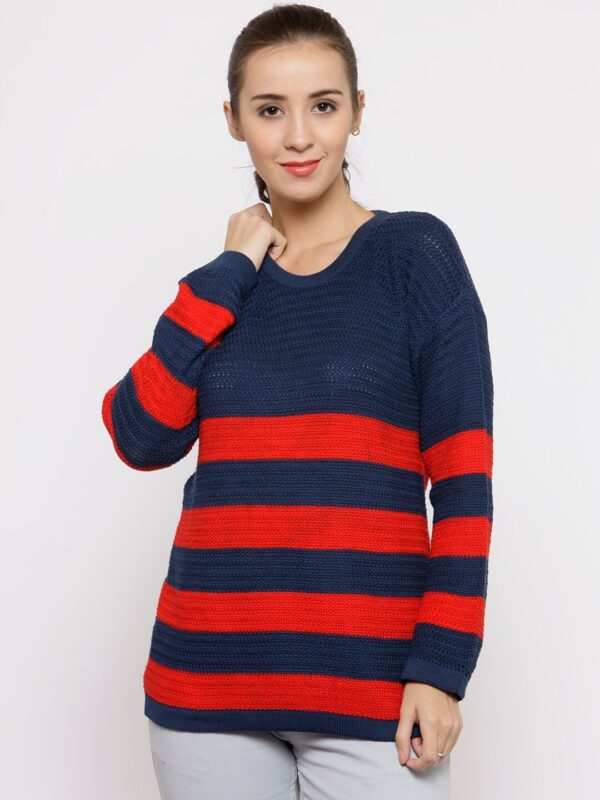 Wills Lifestyle Women Navy Blue  Red Striped Sweater