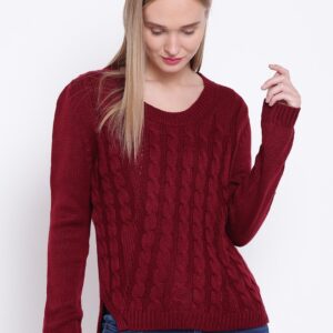 Wills Lifestyle Women Maroon Self-Design Sweater