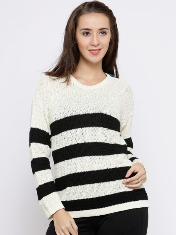 Wills Lifestyle Women Cream-Coloured  Black Striped Sweater