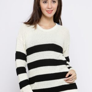 Wills Lifestyle Women Cream-Coloured  Black Striped Sweater