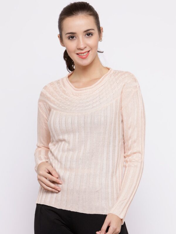 Wills Lifestyle Women Peach-Coloured Self-Striped Sweater