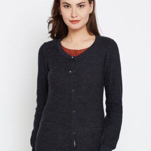 Wills Lifestyle Women Charcoal Grey Solid Woollen Cardigan