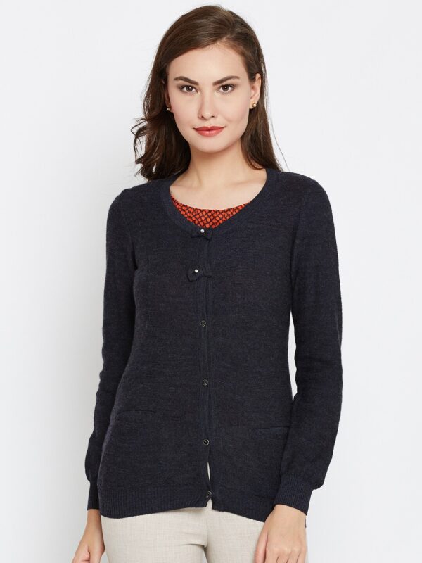 Wills Lifestyle Women Charcoal Grey Solid Woollen Cardigan