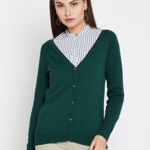 Wills Lifestyle Women Green Solid Woollen Cardigan