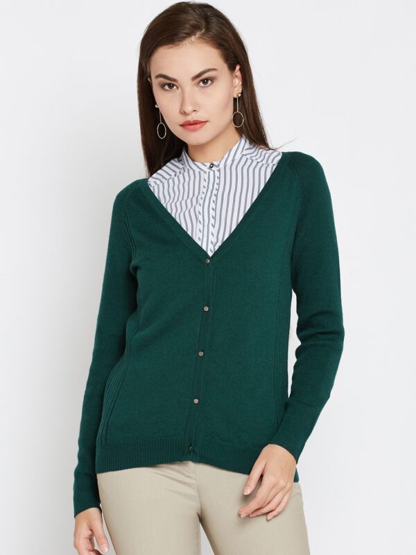 Wills Lifestyle Women Green Solid Woollen Cardigan