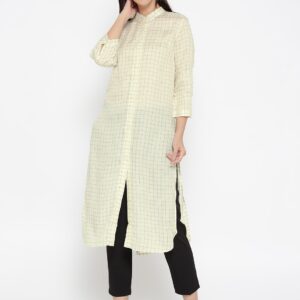 Wills Lifestyle Women Cream-Coloured  Navy Checked Semi-Sheer Longline Tunic Shirt