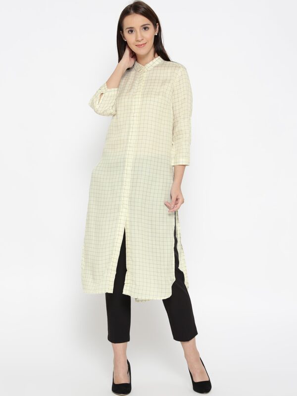 Wills Lifestyle Women Cream-Coloured  Navy Checked Semi-Sheer Longline Tunic Shirt