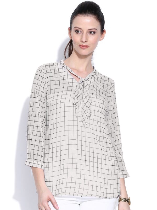 Wills Lifestyle Off-White Checked Top with Tie