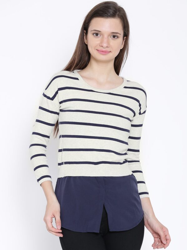 Wills Lifestyle Cream-Colored  Navy Layered Striped Top