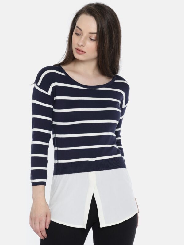 Wills Lifestyle Navy  Off-White Striped Top