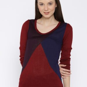 Wills Lifestyle Maroon Colourblocked Knitted Top