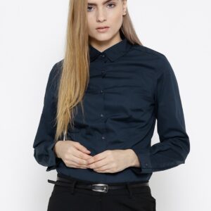 Wills Lifestyle Women Navy Solid Formal Shirt