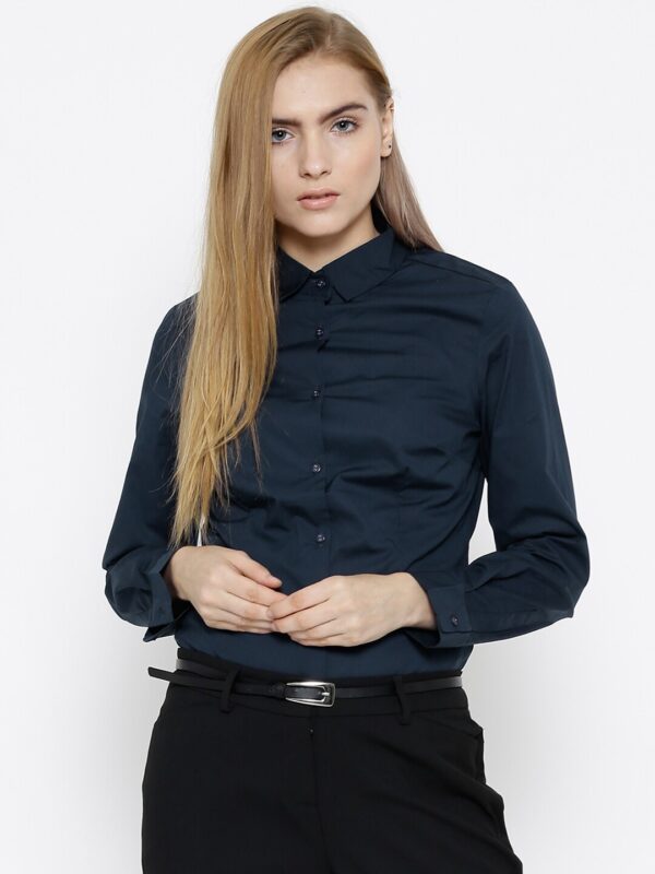 Wills Lifestyle Women Navy Solid Formal Shirt