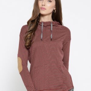 Wills Lifestyle Women Maroon Striped Hooded T-shirt