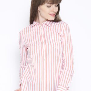 Wills Lifestyle Off-White  Peach-Coloured Striped Shirt