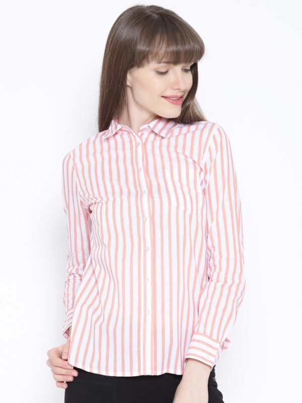 Wills Lifestyle Off-White  Peach-Coloured Striped Shirt