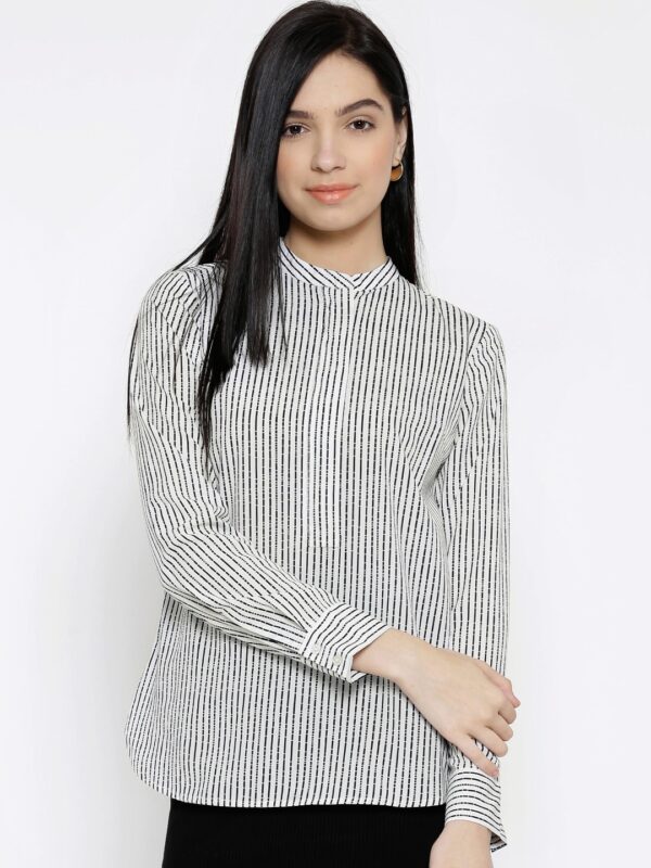 Wills Lifestyle White  Black Polyester Striped Top