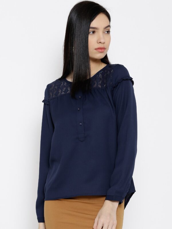 Wills Lifestyle Navy Polyester Top with Lace Detail