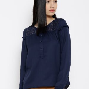 Wills Lifestyle Navy Polyester Top with Lace Detail