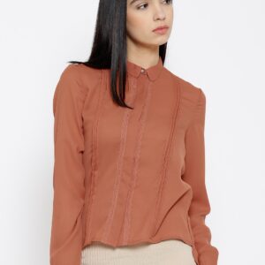 Wills Lifestyle Rust Orange Polyester Pleated Shirt