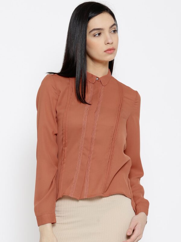 Wills Lifestyle Rust Orange Polyester Pleated Shirt