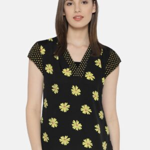 Wills Lifestyle Women Black  Yellow Floral Print Top