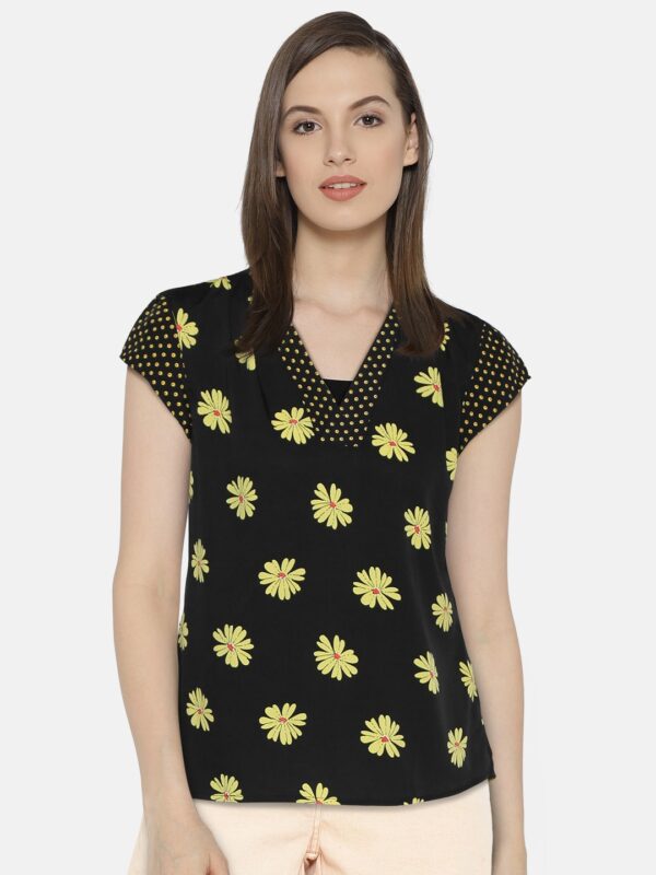 Wills Lifestyle Women Black  Yellow Floral Print Top