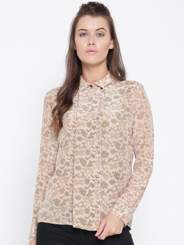 Wills Lifestyle Women Beige Silk Printed Casual Shirt