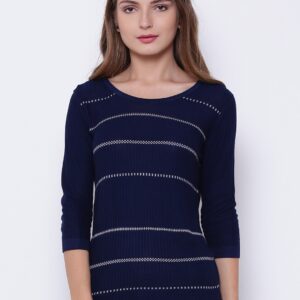 Wills Lifestyle Women Navy Blue Self-Striped Fitted Top