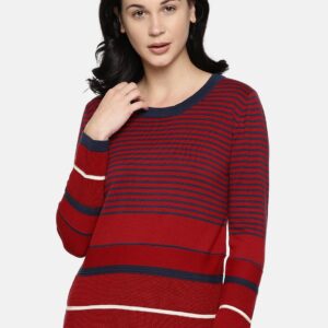 Wills Lifestyle Women Red  Navy Blue Striped Top