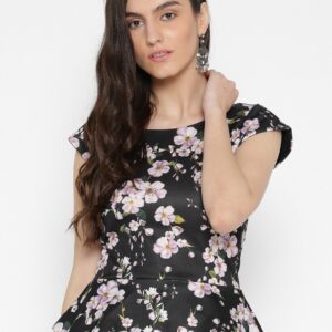 Wills Lifestyle Women Black Floral Print Peplum Top