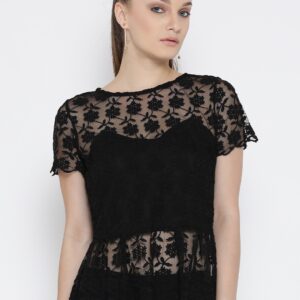 Wills Lifestyle Women Black Semi-Sheer Lace Peplum Top