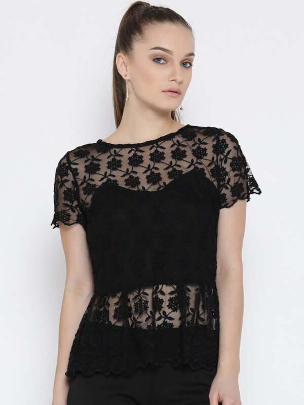 Wills Lifestyle Women Black Semi-Sheer Lace Peplum Top