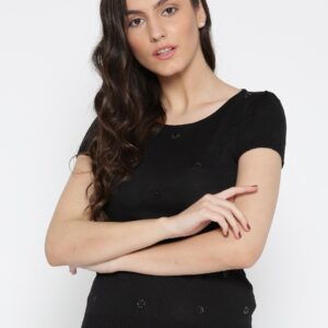 Wills Lifestyle Women Black Embellished Fitted Top