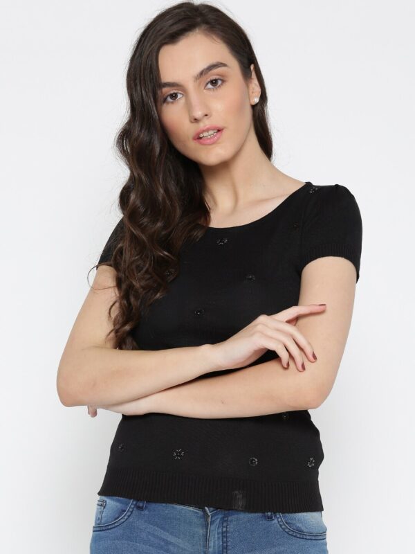 Wills Lifestyle Women Black Embellished Fitted Top