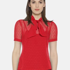 Wills Lifestyle Women Red Dobby Woven Pattern Top