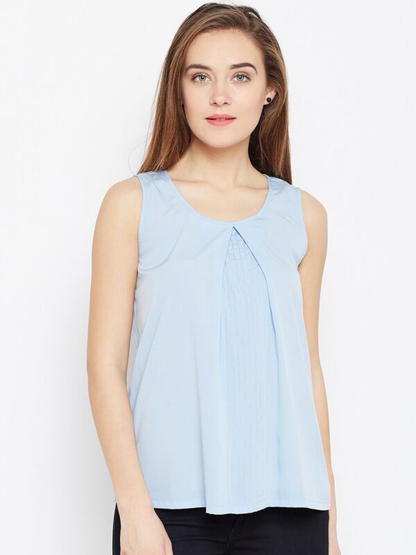 Wills Lifestyle Women Blue Solid A-Line Top with Tucks