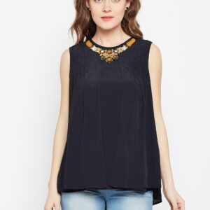 Wills Lifestyle Women Black Embellished Neck Layered A-Line Top