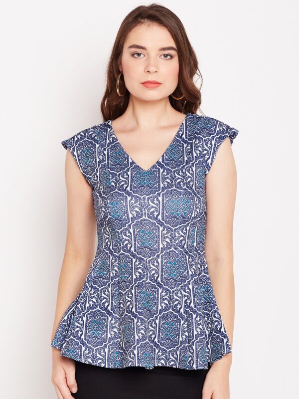 Wills Lifestyle Women Navy  White Printed Peplum Top