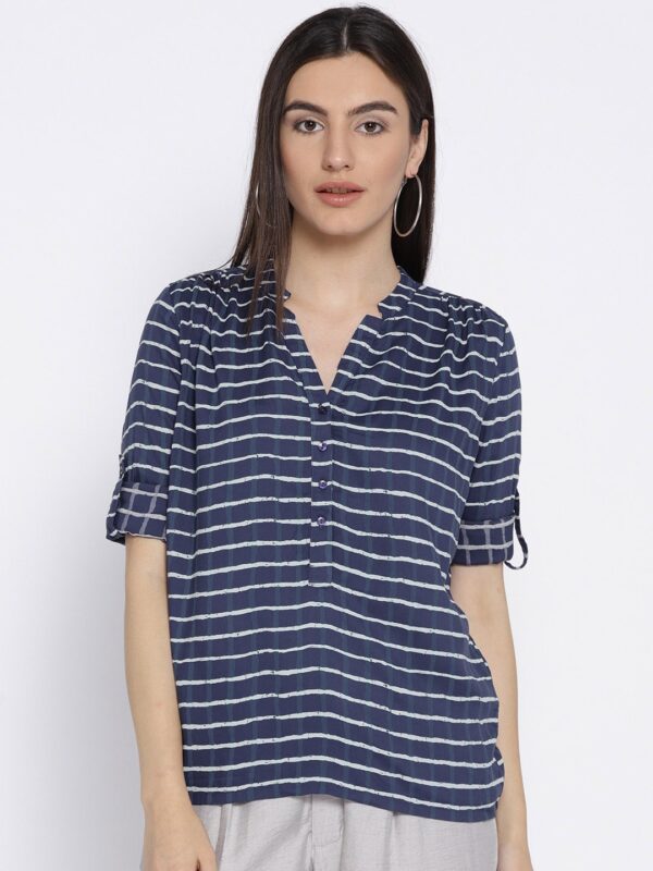 Wills Lifestyle Women Navy Blue Striped Top