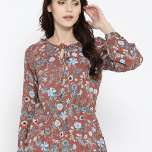 Wills Lifestyle Women Brown Printed Cinched Waist Top