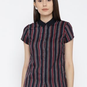 Wills Lifestyle Women Navy Blue  Red Striped Regular Fit Casual Shirt