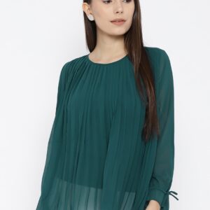 Wills Lifestyle Women Green Solid Pleated A-Line Top