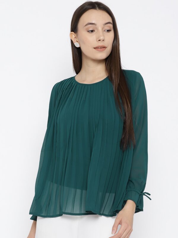 Wills Lifestyle Women Green Solid Pleated A-Line Top