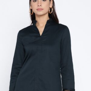 Wills Lifestyle Women Navy Blue Solid Shirt Style Top