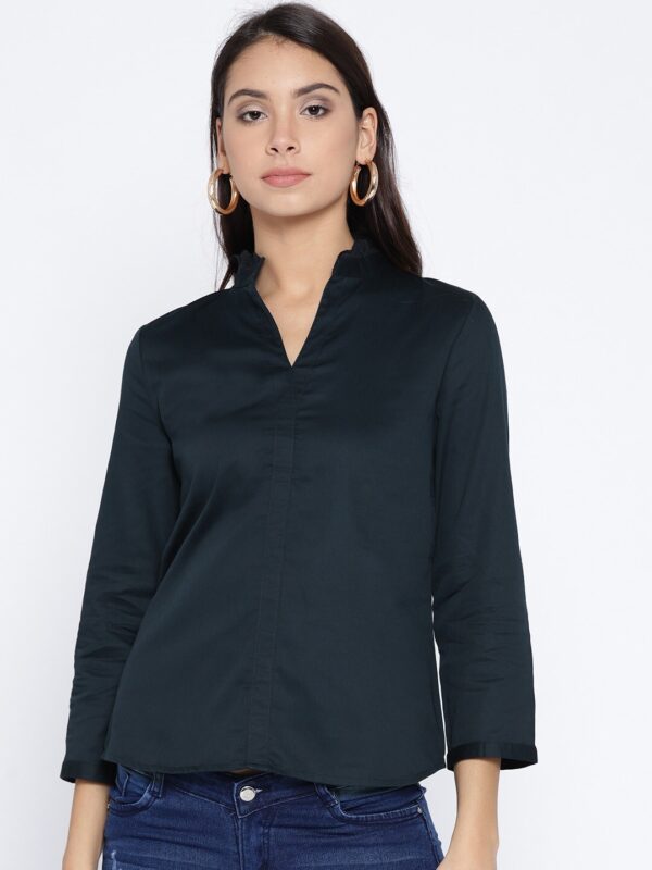 Wills Lifestyle Women Navy Blue Solid Shirt Style Top